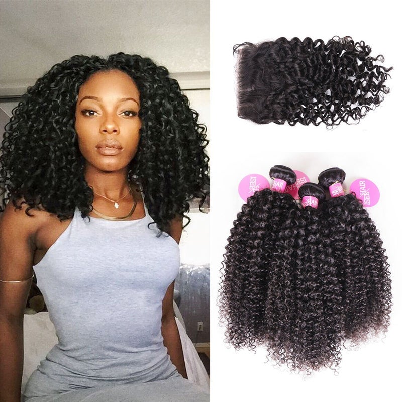 ISEE Hair Virgin Malaysian Deep Curly Jerry Curly Human Hair 3 Bundles With 4x4 Free Part Lace Closure100 Unprocessed Human Curly Hair Extensions222426with 20closure