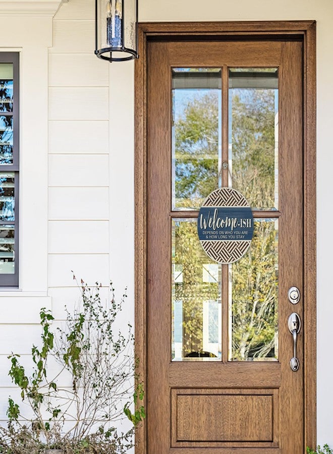 Bolisom Farmhouse Welcome-ish Blue Front Door Sign, Inspirational Minimalist Geometric Wood Hanger Outdoor Outside Porch Home Decor, Motivational Rustic Wooden Wreath Indoor Wall Hanging Decoration - Image 4
