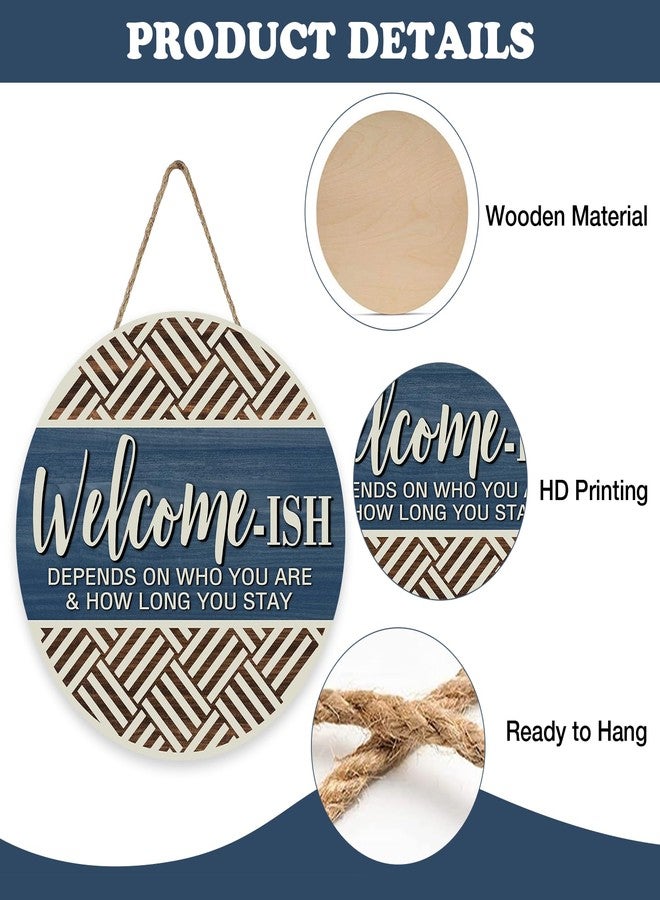 Bolisom Farmhouse Welcome-ish Blue Front Door Sign, Inspirational Minimalist Geometric Wood Hanger Outdoor Outside Porch Home Decor, Motivational Rustic Wooden Wreath Indoor Wall Hanging Decoration - Image 3