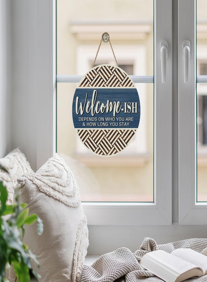 Bolisom Farmhouse Welcome-ish Blue Front Door Sign, Inspirational Minimalist Geometric Wood Hanger Outdoor Outside Porch Home Decor, Motivational Rustic Wooden Wreath Indoor Wall Hanging Decoration - Image 5