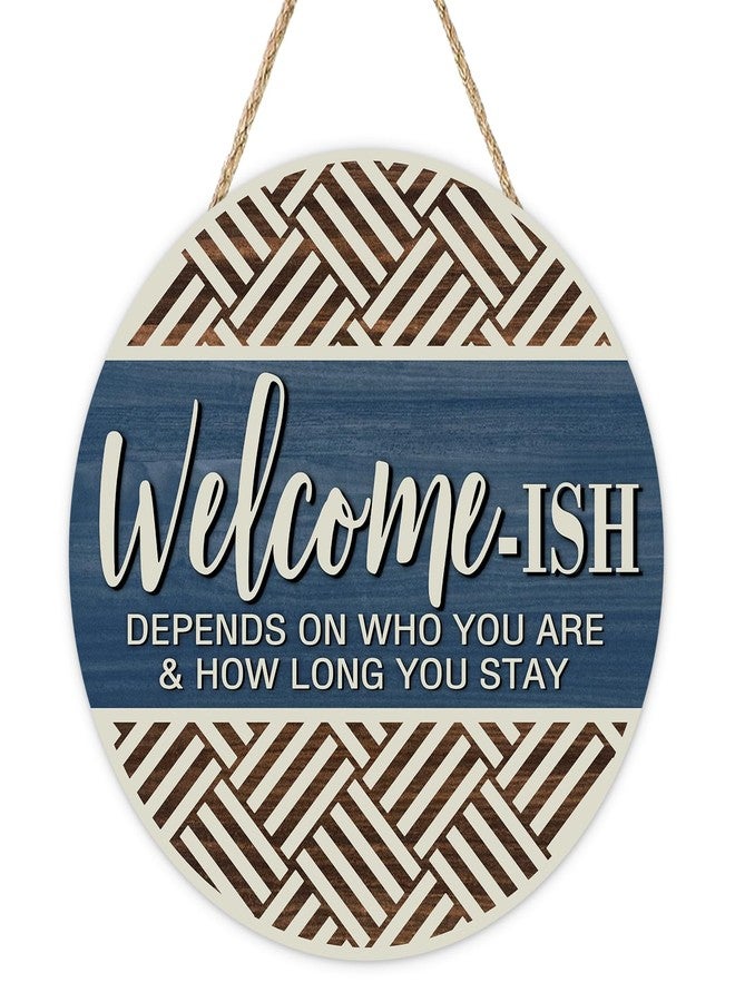 Bolisom Farmhouse Welcome-ish Blue Front Door Sign, Inspirational Minimalist Geometric Wood Hanger Outdoor Outside Porch Home Decor, Motivational Rustic Wooden Wreath Indoor Wall Hanging Decoration - Image 1