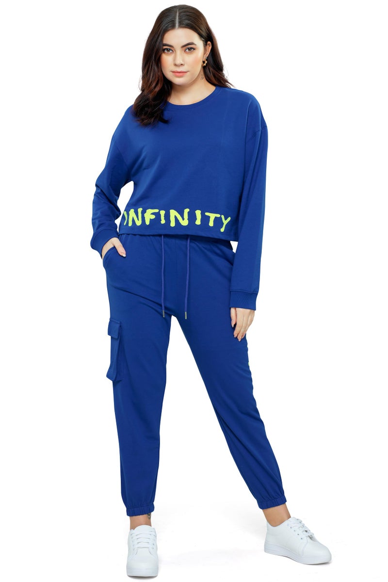 ZEYO Women Cotton Blue Track suit Typography Printed Crop Top Co-ords set 5705 - Image 1