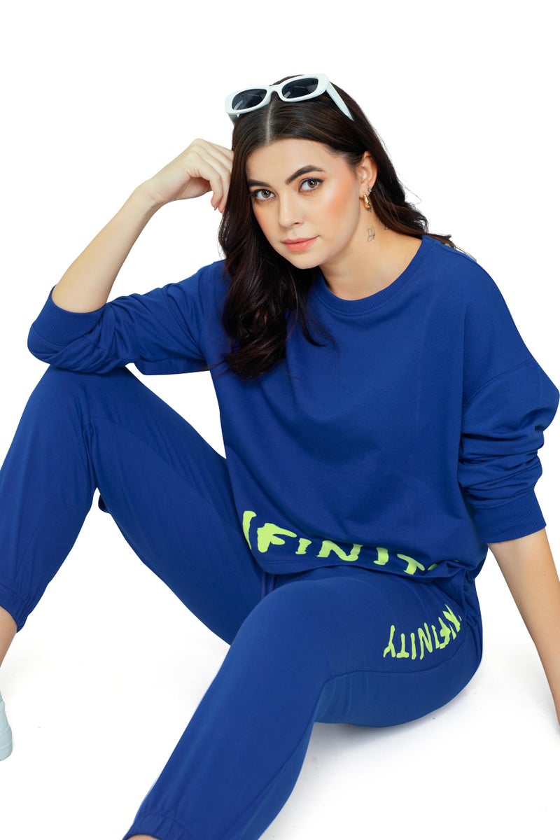 ZEYO Women Cotton Blue Track suit Typography Printed Crop Top Co-ords set 5705 - Image 3