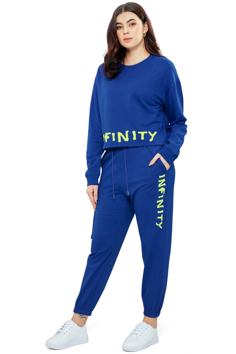 ZEYO Women Cotton Blue Track suit Typography Printed Crop Top Co-ords set 5705 - Image 4