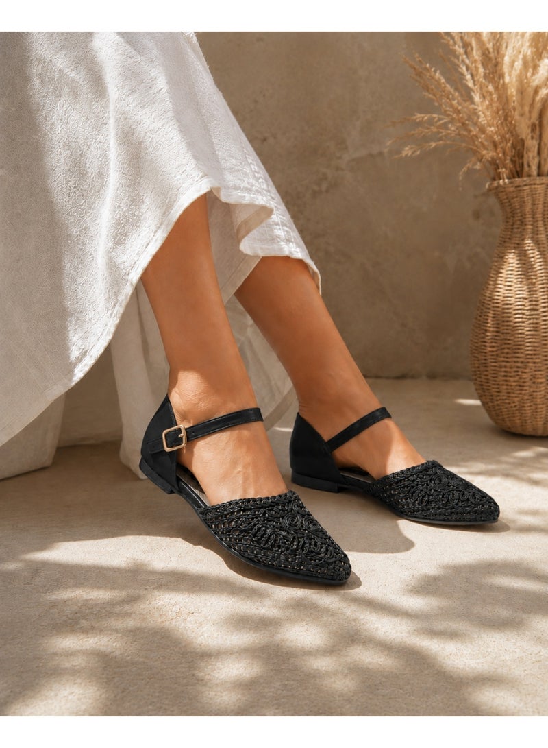 LIFESTYLISH Sandals Flat Burlap And Leather With Buckle SF-59 - Black - Image 1