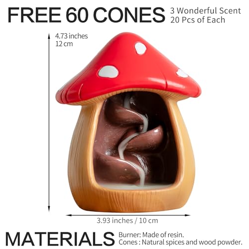CHUNCHE Cute Mushroom Incense Holder with 60 Incense Cones, Handmade Waterfall Backflow Incense Burner, Nature Theme Incense Burner, Adorable Home Decoration, Cottagecore Decor Accessories(Brown) - Image 2