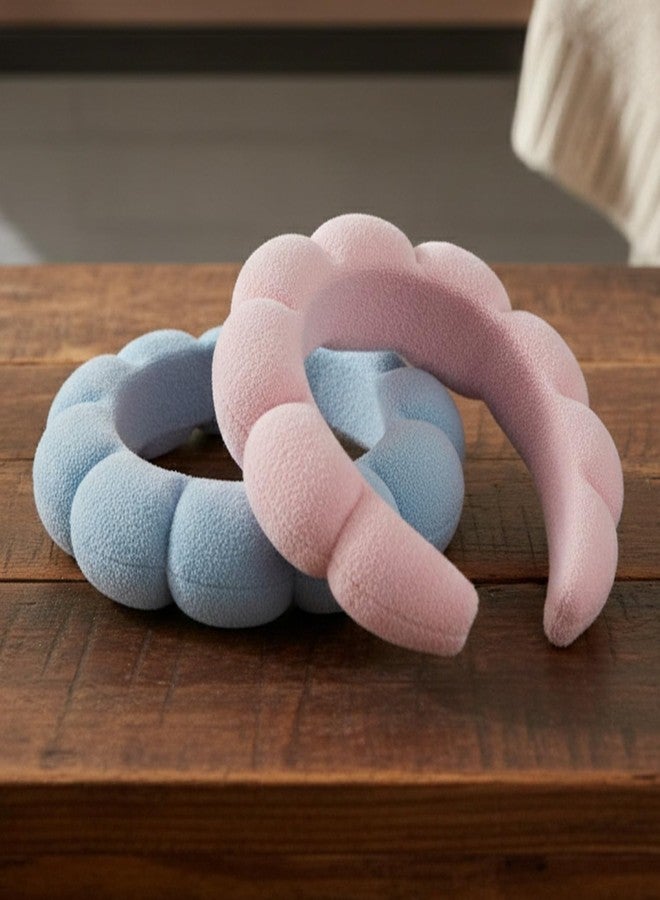 SYGA Pack of 2 Facial Spa Headband for Women & Girls | Soft Sponge Cloud Headband for Face Wash, Makeup & Skincare | Non-Slip Stretchable Hair Hoop | Cute Fashion Shower Headband (Blue & Pink) - Image 4