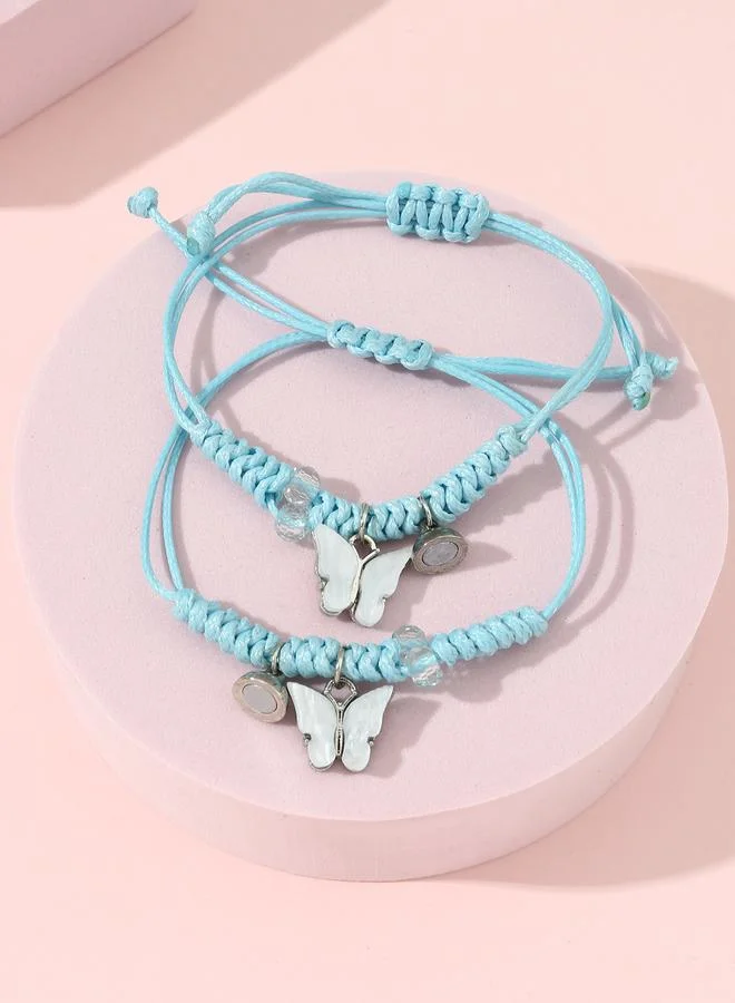 Take Two Pack of 2 - Blue Butterfly Charm Woven Bracelets