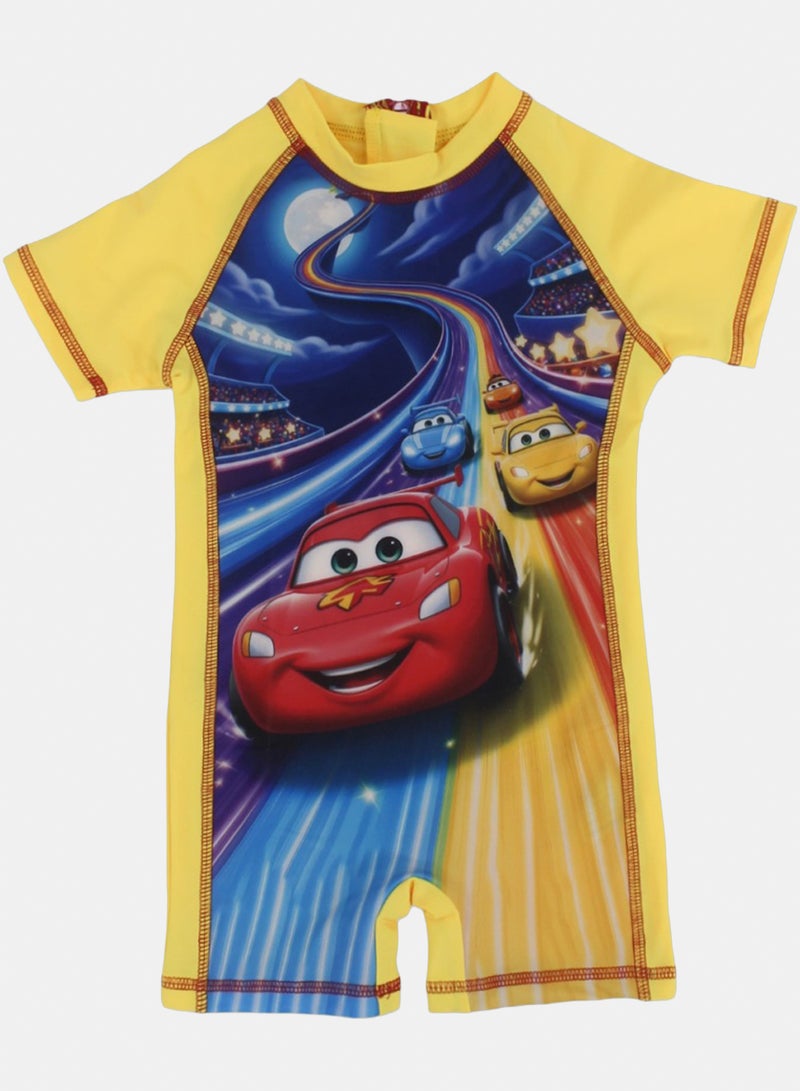 Baby Boys Sunsuit One-Piece – Yellow with Cars Print