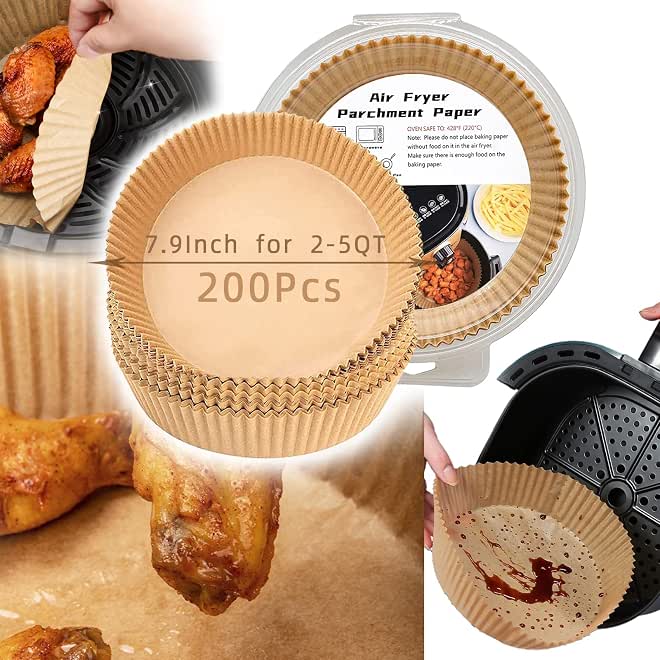 Air Fryer Paper Liners,8 inch Disposable Parchment Plates for Baking, Paper Filters for Airfryer Basket 5 QT,Food Grade Round Baking Mat for Roasting Microwave (200)