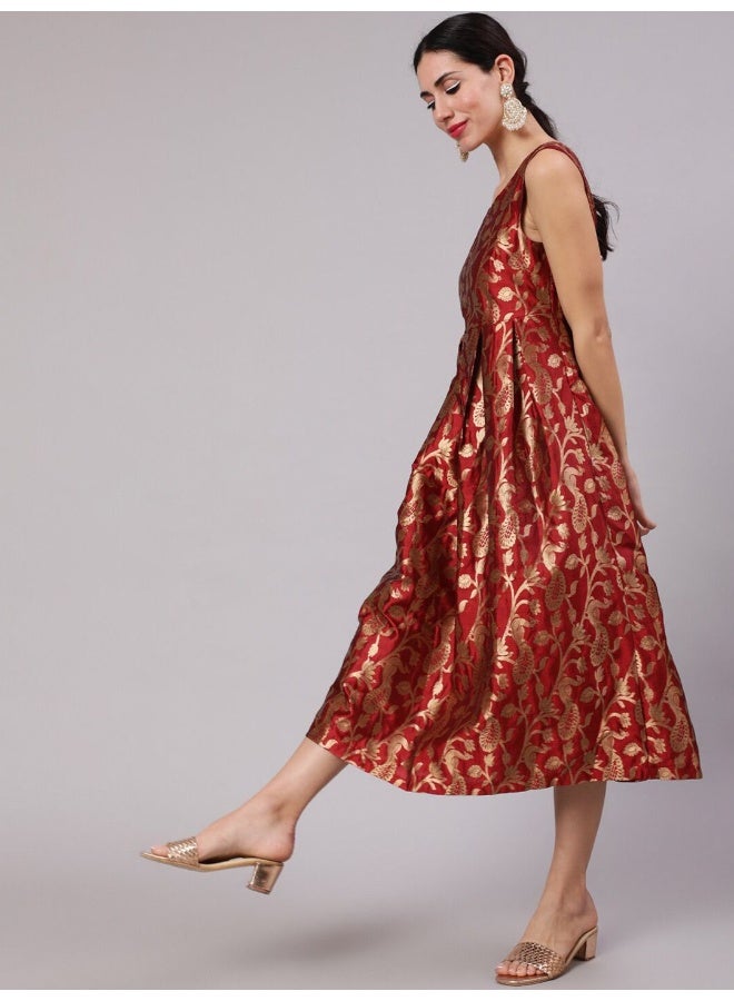 AKS Maroon Jacquard Zari Work Wrap Dress - Image 5