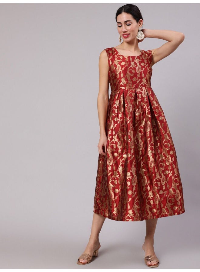 AKS Maroon Jacquard Zari Work Wrap Dress - Image 1