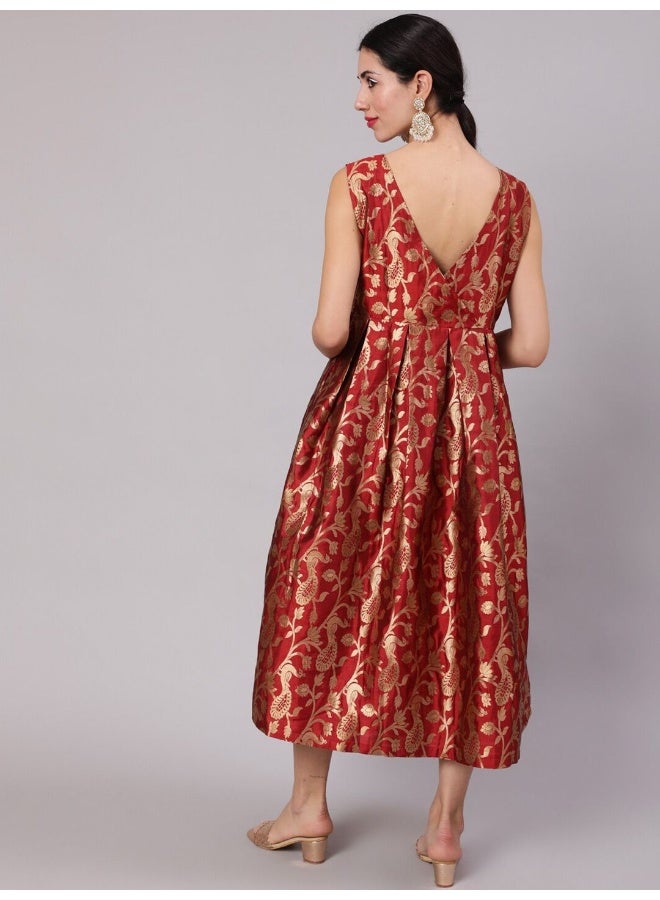 AKS Maroon Jacquard Zari Work Wrap Dress - Image 4