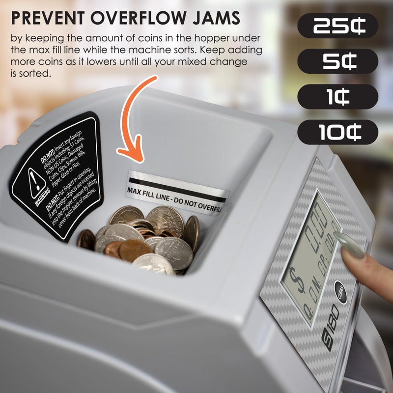 Nadex S180 Digital Coin Counter & Sorter â€“ Counts and Wraps Coins Automatically, Stops When Rolls are Full, Carbon Fiber Finish. - Image 3