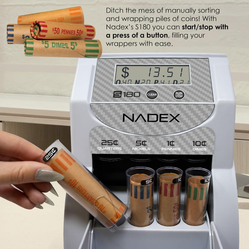 Nadex S180 Digital Coin Counter & Sorter â€“ Counts and Wraps Coins Automatically, Stops When Rolls are Full, Carbon Fiber Finish. - Image 5