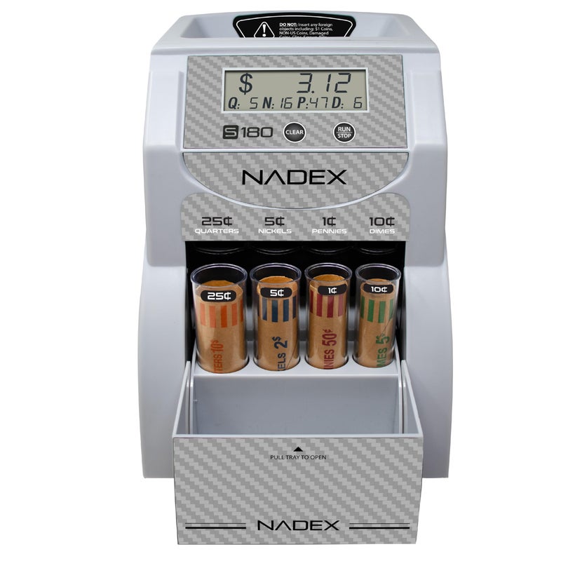Nadex S180 Digital Coin Counter & Sorter â€“ Counts and Wraps Coins Automatically, Stops When Rolls are Full, Carbon Fiber Finish. - Image 1
