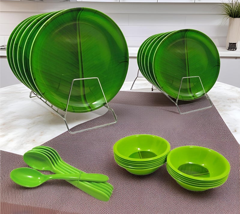 INPRO Upgrade Your Dining with Our 24-Piece Melamine Round Dinner Set Contains 6 Full Plates, 6 Half Plates, 6 Bowls and 6 Spoons- Perfect Kitchen Utensils Set for Family Meals! - Image 1