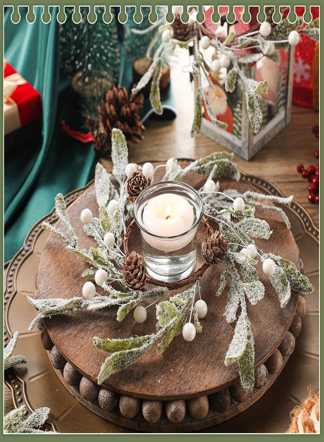 Geosar 6 Pieces Christmas Pillar Candle Rings Frosted Mistletoe Wreaths with Pearl Accents Artificial Wreath Holiday Candle Rings for Holiday Parties and Home Decor - Image 2