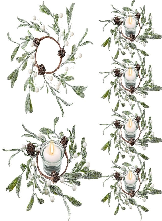 Geosar 6 Pieces Christmas Pillar Candle Rings Frosted Mistletoe Wreaths with Pearl Accents Artificial Wreath Holiday Candle Rings for Holiday Parties and Home Decor - Image 1