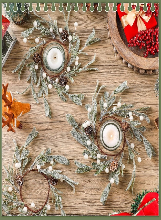 Geosar 6 Pieces Christmas Pillar Candle Rings Frosted Mistletoe Wreaths with Pearl Accents Artificial Wreath Holiday Candle Rings for Holiday Parties and Home Decor - Image 4