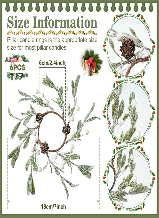 Geosar 6 Pieces Christmas Pillar Candle Rings Frosted Mistletoe Wreaths with Pearl Accents Artificial Wreath Holiday Candle Rings for Holiday Parties and Home Decor - Image 3