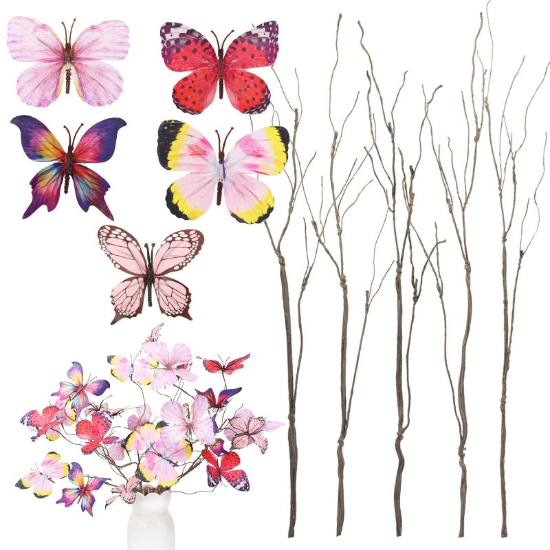 Wolpark 5 Pcs DIY Butterfly Decorations 5 Butterfly Branches with 30 Fake Butterflies for Crafts Faux Stems for Valentine's Day Vase Filler Bouquets Home Decorations Mother's Day Table Decor (Pink) - Image 2