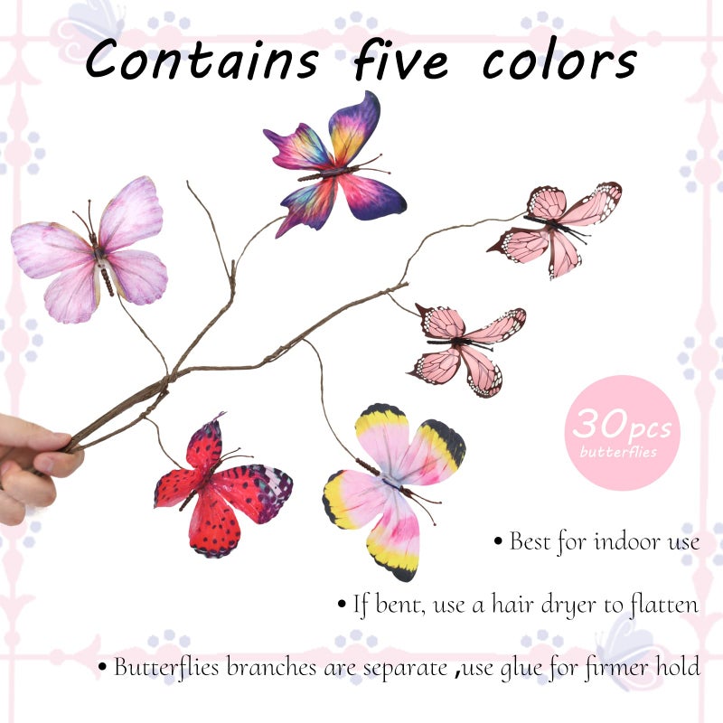 Wolpark 5 Pcs DIY Butterfly Decorations 5 Butterfly Branches with 30 Fake Butterflies for Crafts Faux Stems for Valentine's Day Vase Filler Bouquets Home Decorations Mother's Day Table Decor (Pink) - Image 3