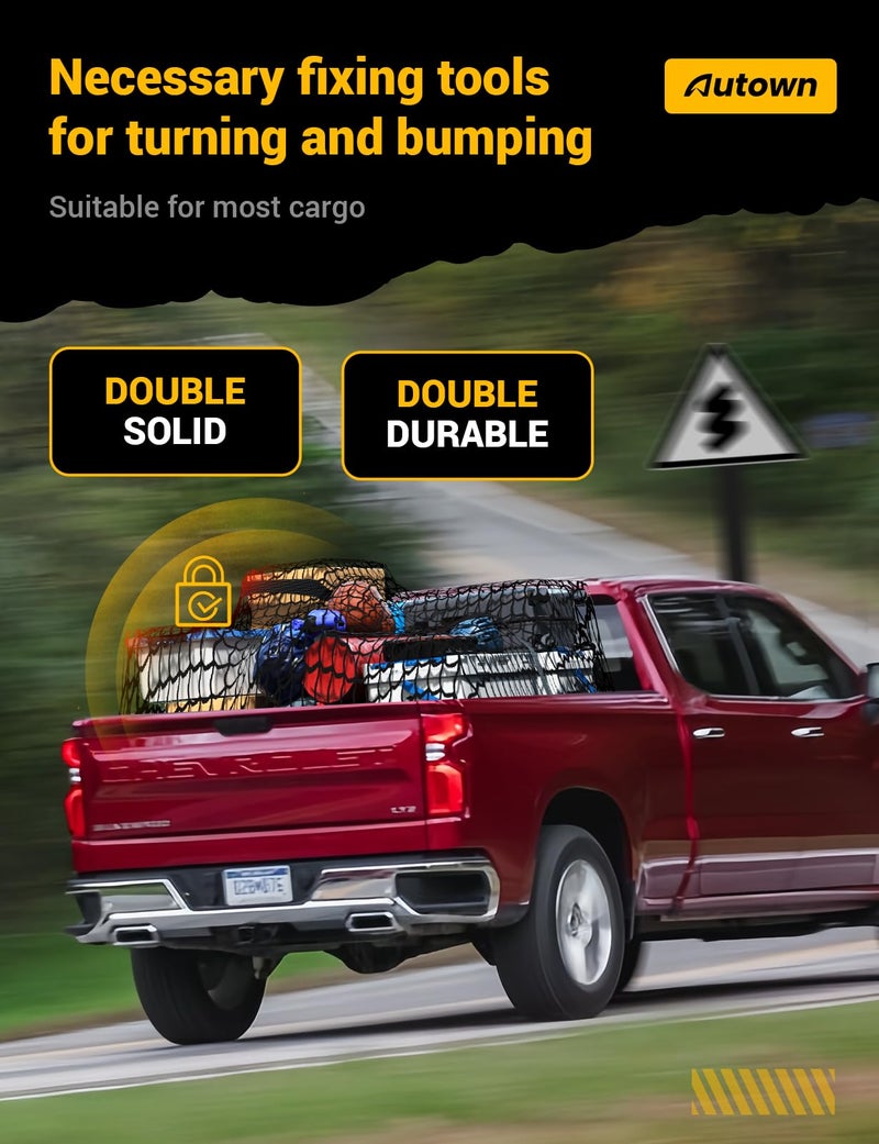 AUTOWN Cargo Net for Pickup Truck Bed - Stretchable 4'x4' to 7'x7', High Elastic Fine Mesh 1''x1'' with 8 Metal Carabiners - Ideal for ATV, SUV, UTV, Truck and Boat Use (Double Layer) - Image 5
