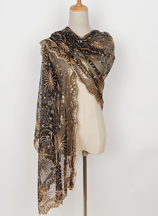 L'VOW Women's Glittering 1920s Scarf Mesh Sequin Wedding Cape Fringed Evening Shawl Wrap, S4-black&gold, One size - Image 2