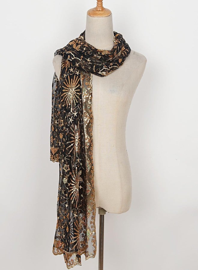 L'VOW Women's Glittering 1920s Scarf Mesh Sequin Wedding Cape Fringed Evening Shawl Wrap, S4-black&gold, One size - Image 3