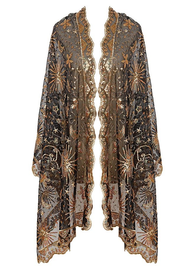 L'VOW Women's Glittering 1920s Scarf Mesh Sequin Wedding Cape Fringed Evening Shawl Wrap, S4-black&gold, One size - Image 1