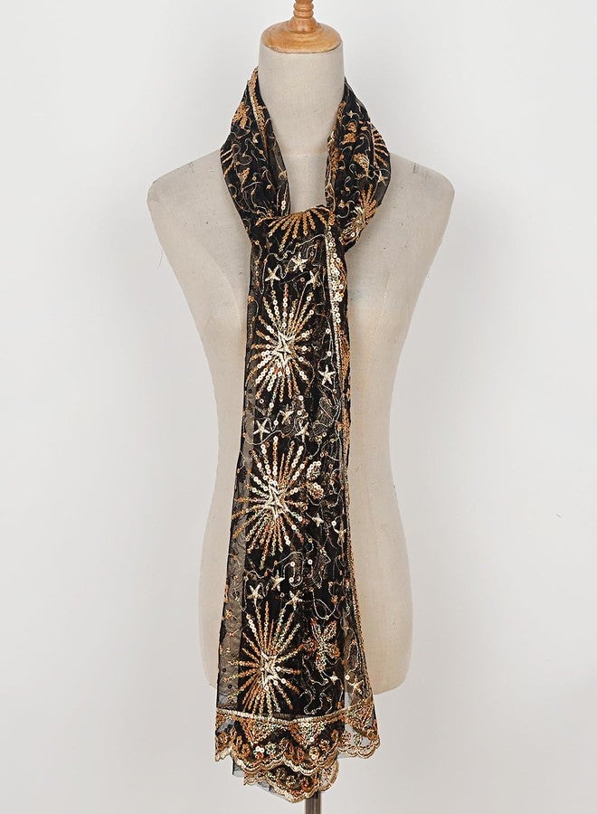 L'VOW Women's Glittering 1920s Scarf Mesh Sequin Wedding Cape Fringed Evening Shawl Wrap, S4-black&gold, One size - Image 4