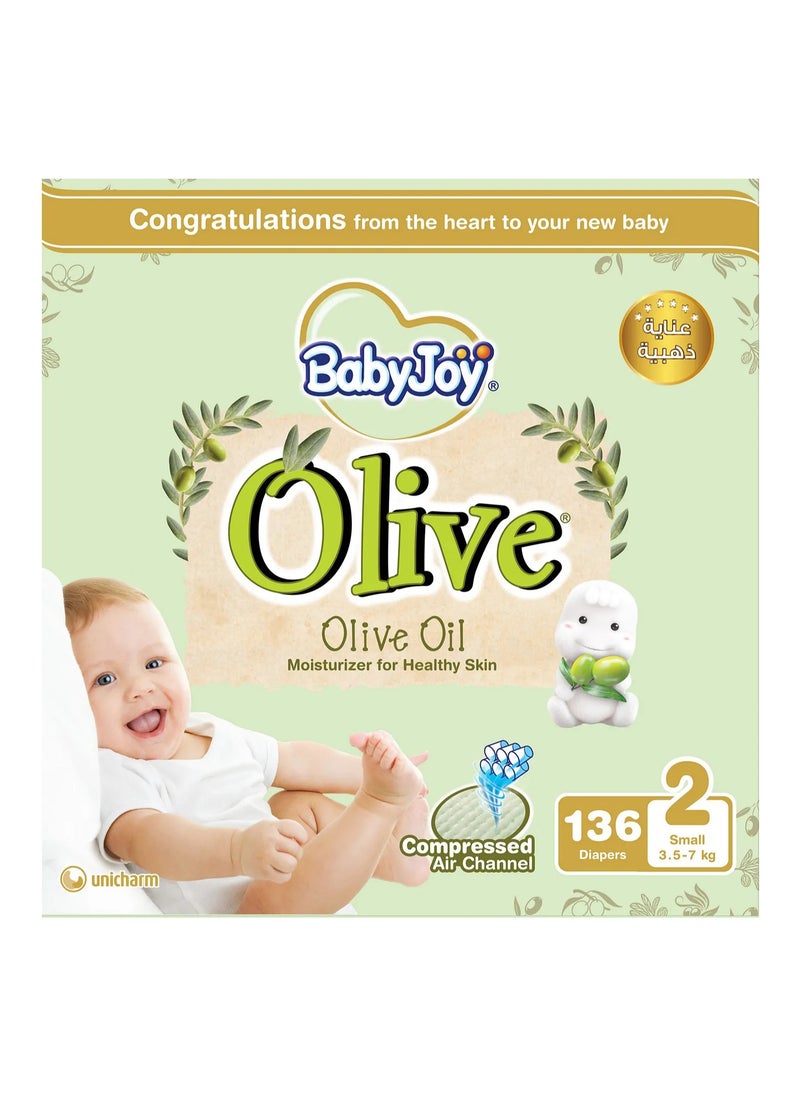 Baby Joy BabyJoy Olive Tape Style Diapers, 136 Pieces, Small Size 2, 3.5-7kg - Gentle Olive Moisturising, Breathable, Compressed Air Channel 