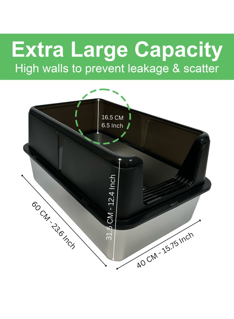 BrandsMart XL Stainless Steel Cat Litter Box with High Walls, 60 cm x 40 cm x 31.5 cm, | High Sided Litter Tray | Cat Toilet, Non-Stick & Anti-Bacterial Pan, Easy Cleaning, with Scoop & Holder - Image 3