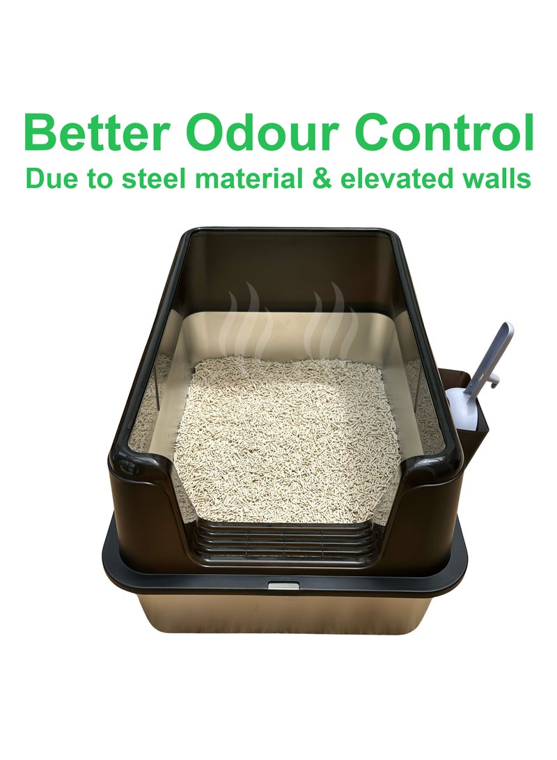 BrandsMart XL Stainless Steel Cat Litter Box with High Walls, 60 cm x 40 cm x 31.5 cm, | High Sided Litter Tray | Cat Toilet, Non-Stick & Anti-Bacterial Pan, Easy Cleaning, with Scoop & Holder - Image 5