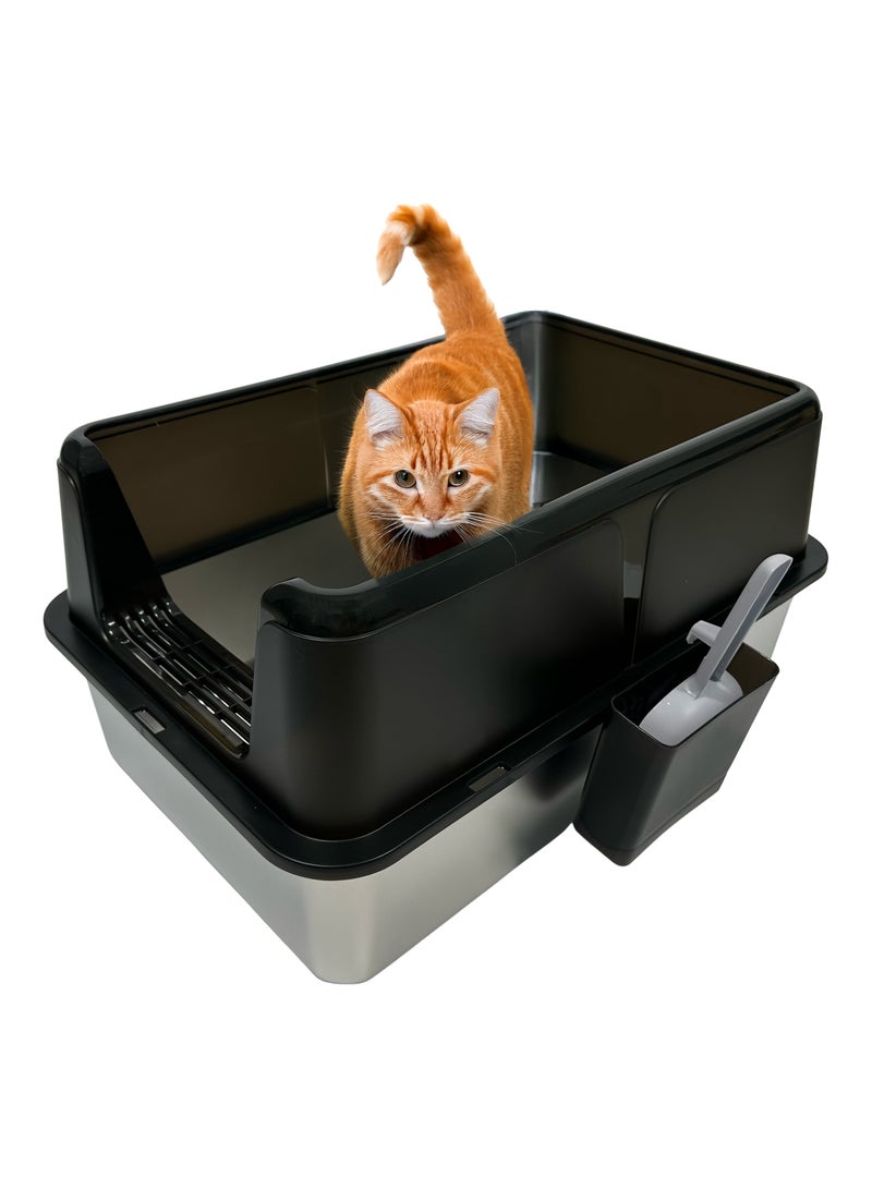BrandsMart XL Stainless Steel Cat Litter Box with High Walls, 60 cm x 40 cm x 31.5 cm, | High Sided Litter Tray | Cat Toilet, Non-Stick & Anti-Bacterial Pan, Easy Cleaning, with Scoop & Holder - Image 1