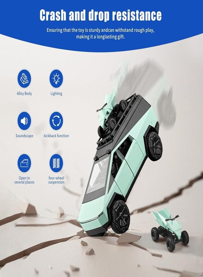 PEZYOX 1/24 Cybertruck Camper Van Model Diecast Metal Pickup Truck RV Motorhome Toys for Boys Age 3-8 with Light and Sound Pull Back Toy Cars Gift for Kids (Green) - Image 4