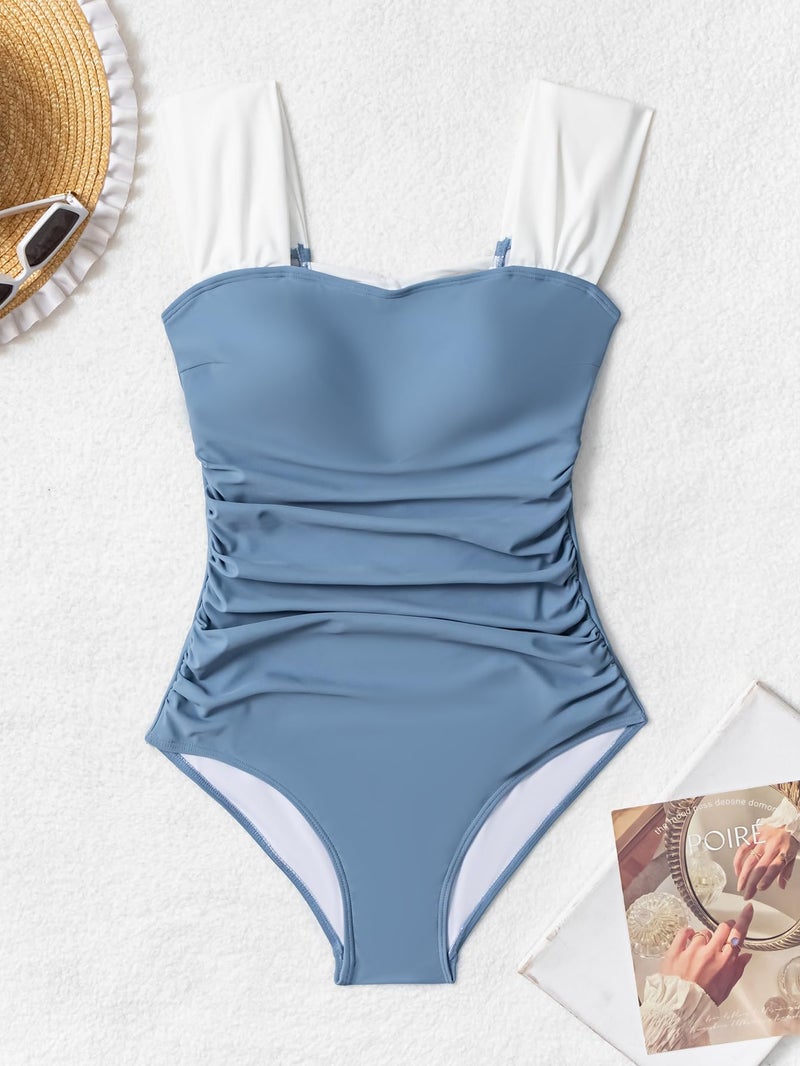 B2prity Womens One Piece Swimsuit Retro Square Neck Tummy Control Bathing Suits Ruched Modest Full Coverage Swimwear Grey Blue - Image 5