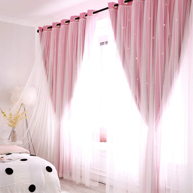UNISTAR 2 Panels Stars Blackout Curtains for Bedroom Girls Kids Baby Window Decoration Double Layer Star Cut Out Aesthetic Living Room Decor Wall Home Curtain,W52 x L63 Inches,Pink - Image 3
