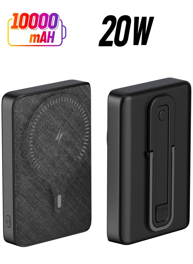 Brave 10,000mAh Magnetic Mini Wireless Power Bank With Stand, 20W Wireless Pocket Portable Charger With Built-in Strong Magnet Compatible With iPhone 15 Pro Max & Other iPhone Devices - Black  - Image 1