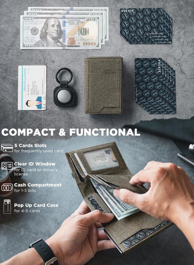 VULKIT Pop up Card Wallet with AirTag Holder RFID Blocking Credit Card Holder with Banknote Compartment & ID Window for Men (Green) - Image 3