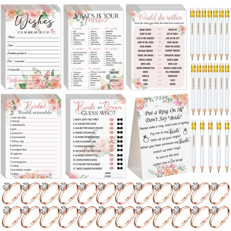 Sosation 331 Pcs Bridal Shower Games Supplies 5 Sets 50 Cards Each Wedding Games Cards 1 Put a Ring on It Bridal Shower Game with 60 Rings and 20 Team Pencils for Wedding EngagementFlowers