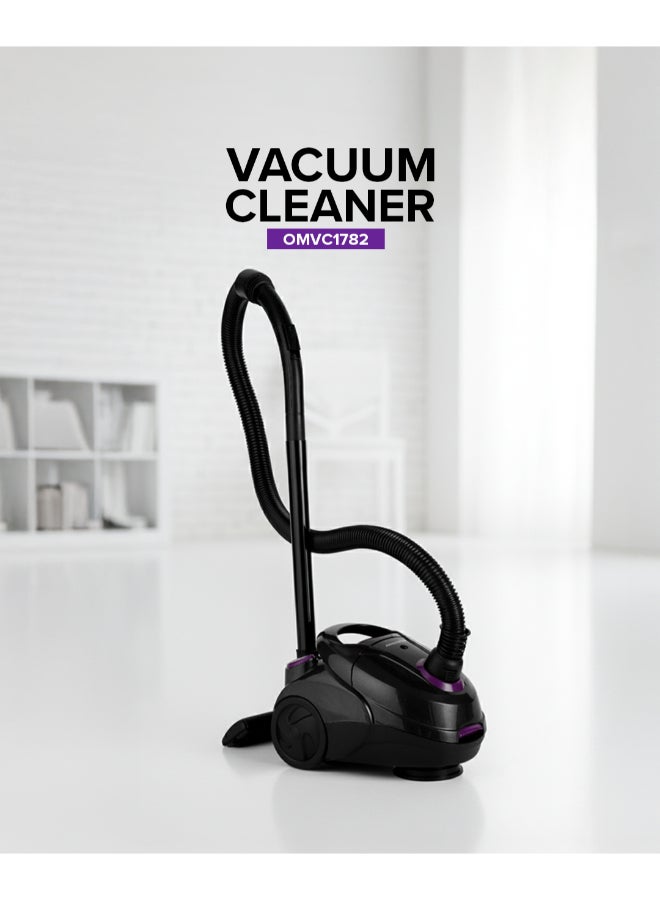 Vacuum Cleaner With Dust Bag 1400W OMVC1782, Powerful Suction, Dust Full Indicator,Dust Bag capacity 1.5L, Flexible Hose With Airflow On Handle, Pedal Switch And Auto-Rewinding Wire 1.5 L 1400 W OMVC1782 Black/Purple