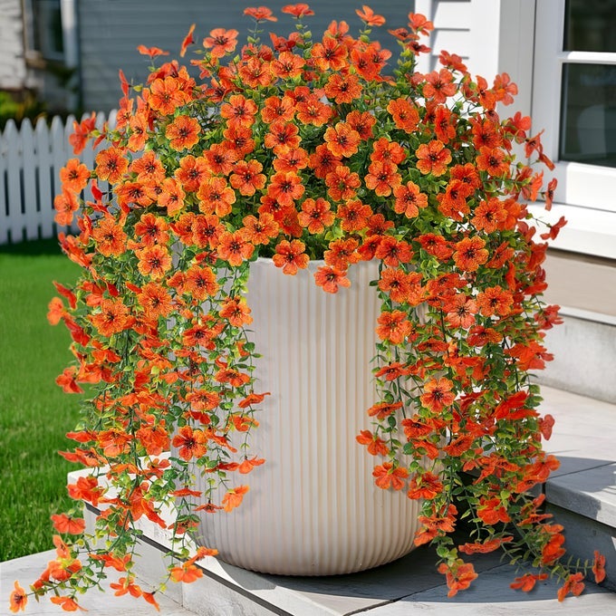 Artificial Hanging Flowers for Outdoors Faux Plants Summer Fall Decoration 2 Pack Silk Bright Color Fake Daisy Realistic Outdoor Flowers UV Resistant Porch Patio Window Yard DecorOrange