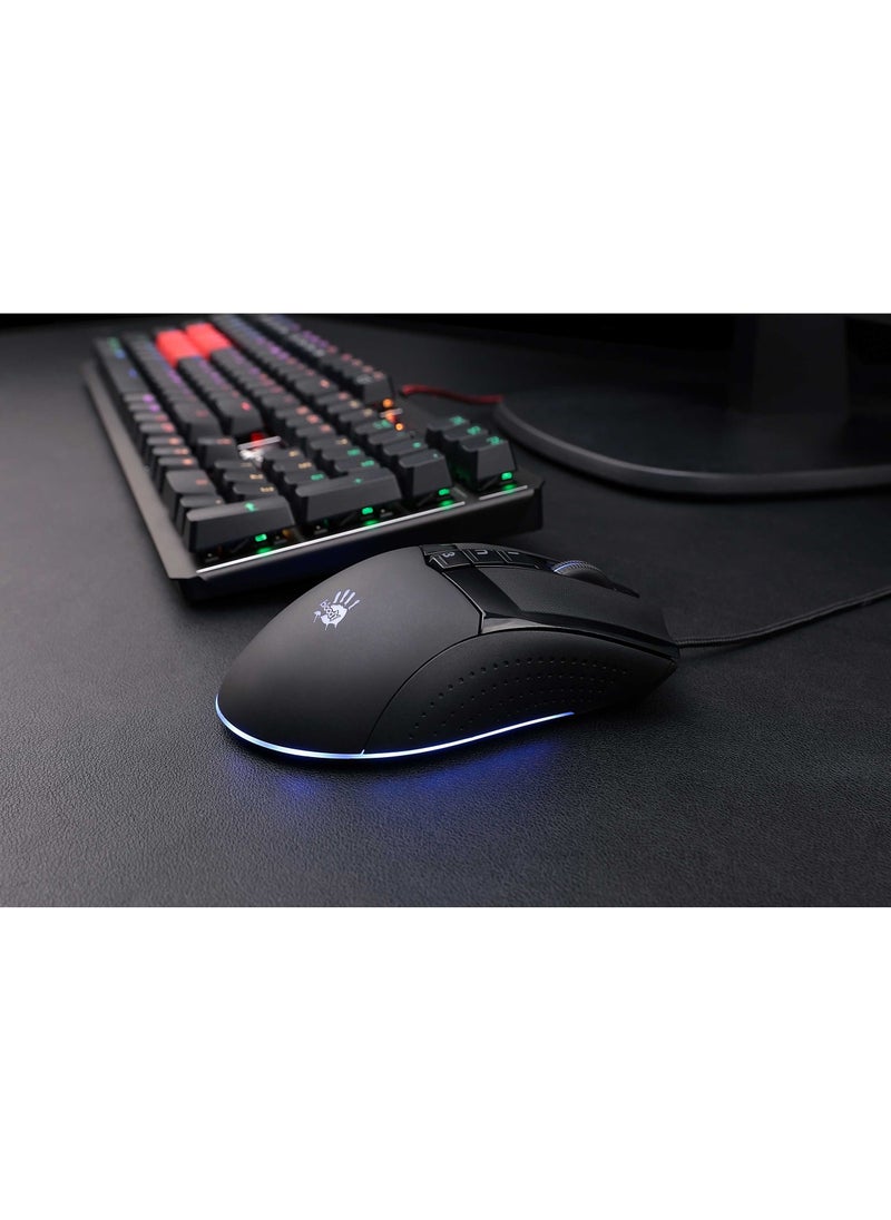 بلودي - ماوس الألعاب W90 Max RGB - مستشعر بصري BC3332-A 10000 نقطة في البوصة - معدل تقرير 2000 هرتز - 4 أنواع مفتاح إعداد LOD - استجابة المفتاح 1 مللي ثانية - عجلة مطاطية ذات حقن مزدوج - Image 1