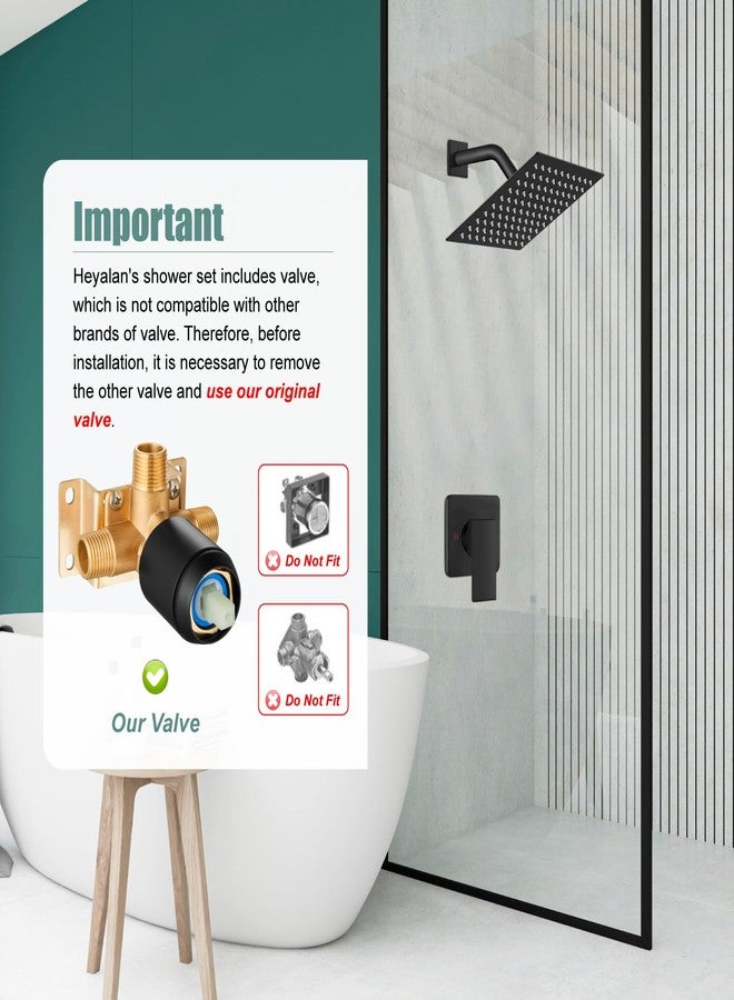 Heyalan 8 Inch Shower Head and Handle Set Square Shower Faucet Set Bathroom Rainfall Shower Faucet Set Stainless Steel Showerhead Single Function Shower Trim Kit,Male Thread Valve,Matte Black - Image 2