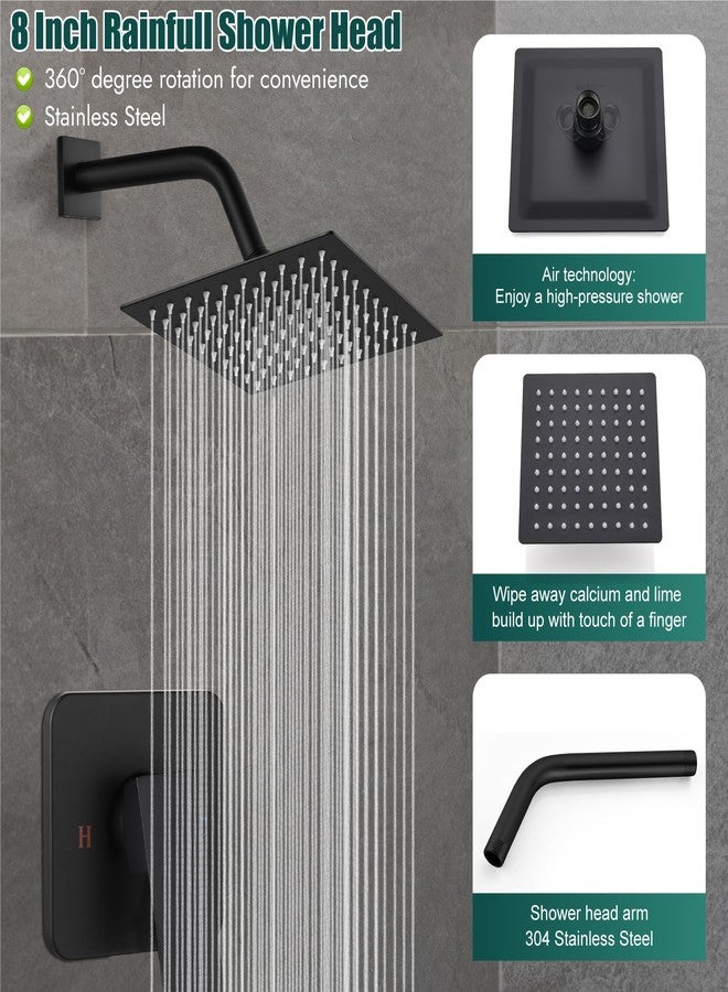 Heyalan 8 Inch Shower Head and Handle Set Square Shower Faucet Set Bathroom Rainfall Shower Faucet Set Stainless Steel Showerhead Single Function Shower Trim Kit,Male Thread Valve,Matte Black - Image 5