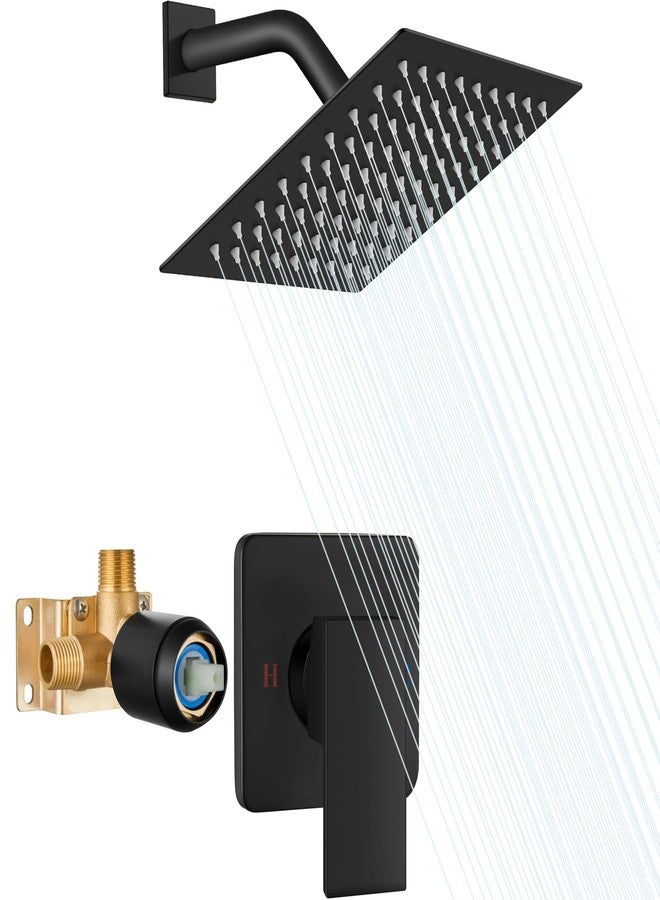Heyalan 8 Inch Shower Head and Handle Set Square Shower Faucet Set Bathroom Rainfall Shower Faucet Set Stainless Steel Showerhead Single Function Shower Trim Kit,Male Thread Valve,Matte Black - Image 1