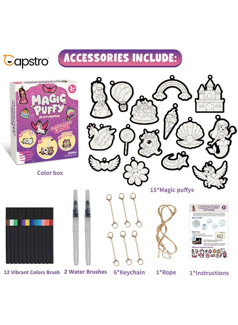 Capstro Magic Puffy 3D Foam Texture Painting Kit for Kids – Princess Castle Art & Craft Set with 15 Puffy Designs, 12 Color Pens, Water Pens & Keychains | Creative DIY Activity Toy – Princess Castle - Image 3