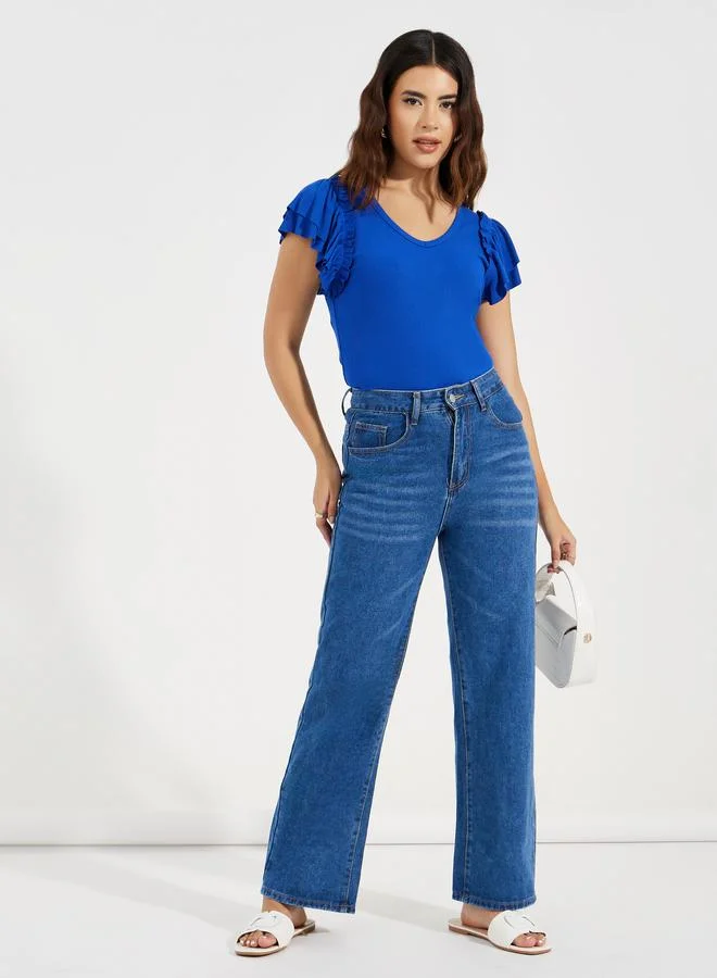 تايك تو Solid Ruffled Sleeves Rib Knit Top